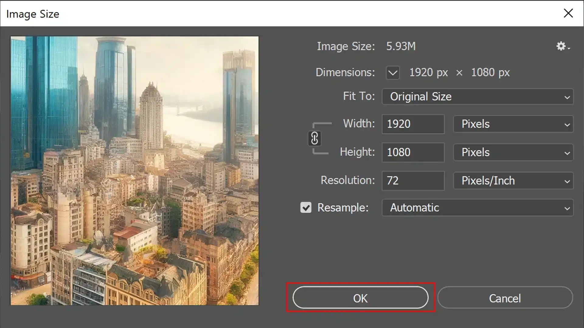 A screenshot of Photoshop showing the Image Size dialog box with settings for width, height, and resolution, overlaid on an image of a modern cityscape with tall buildings and a clear sky.