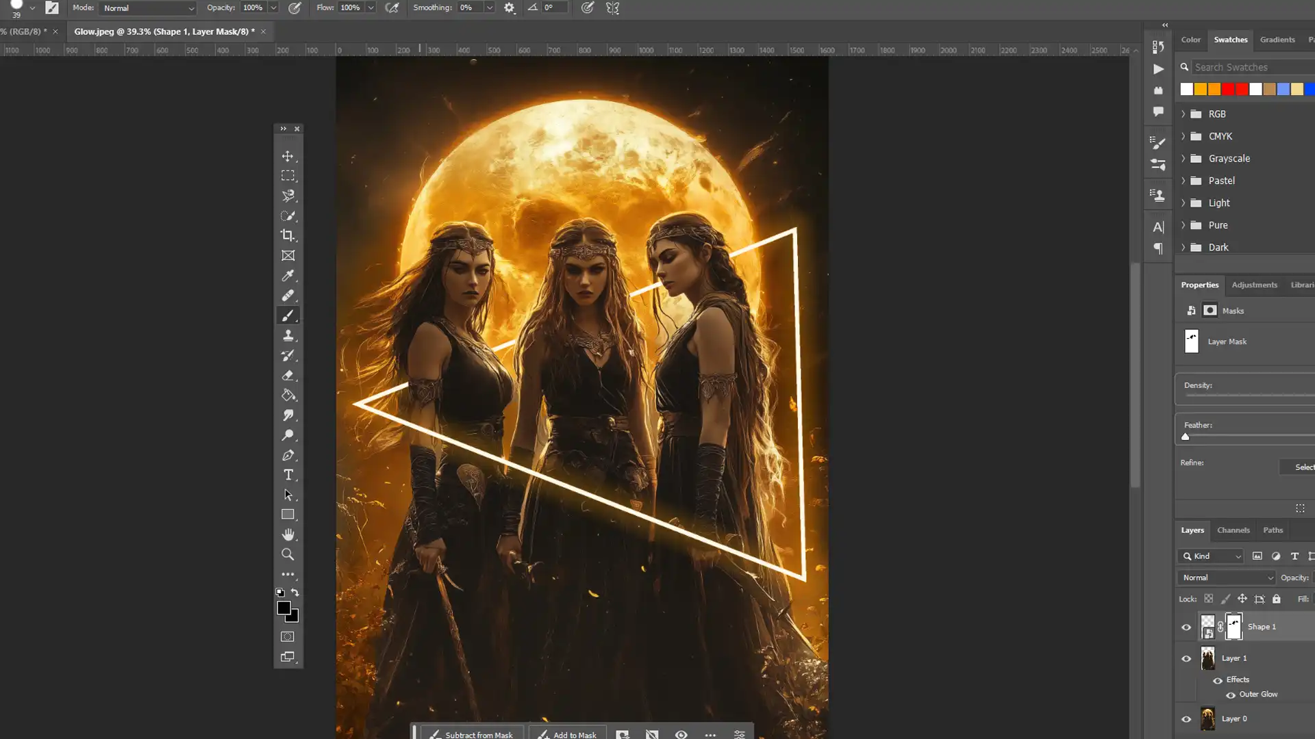 Photoshop interface showing a neon glow effect applied around three characters with a shape layer in the background.