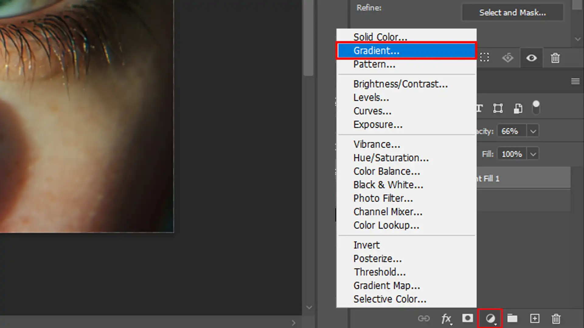 Applying a Rainbow Eyes Photoshop effect with a gradient fill in Photoshop.