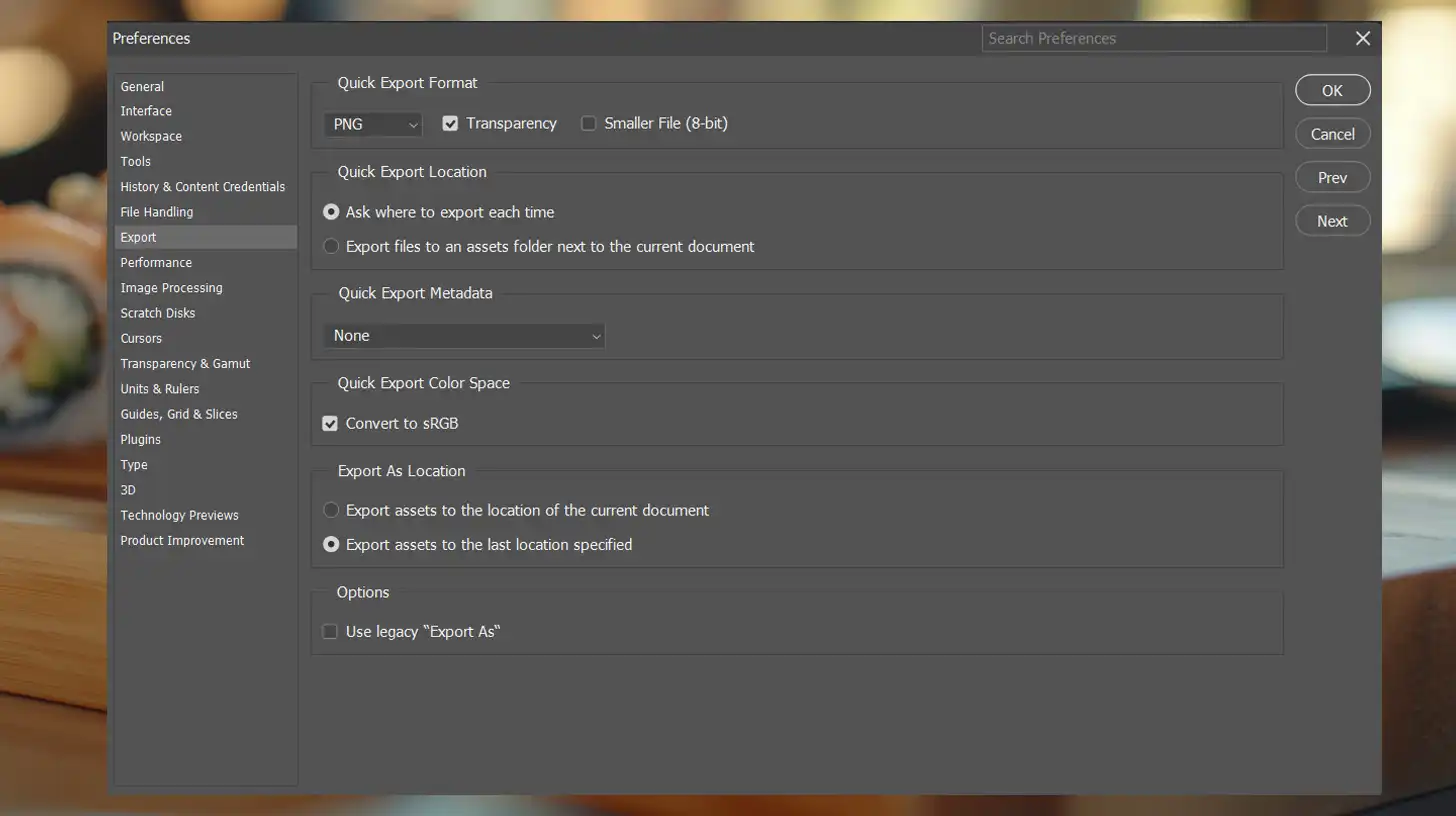 Choosing Export Presets option in Photoshop Preferences