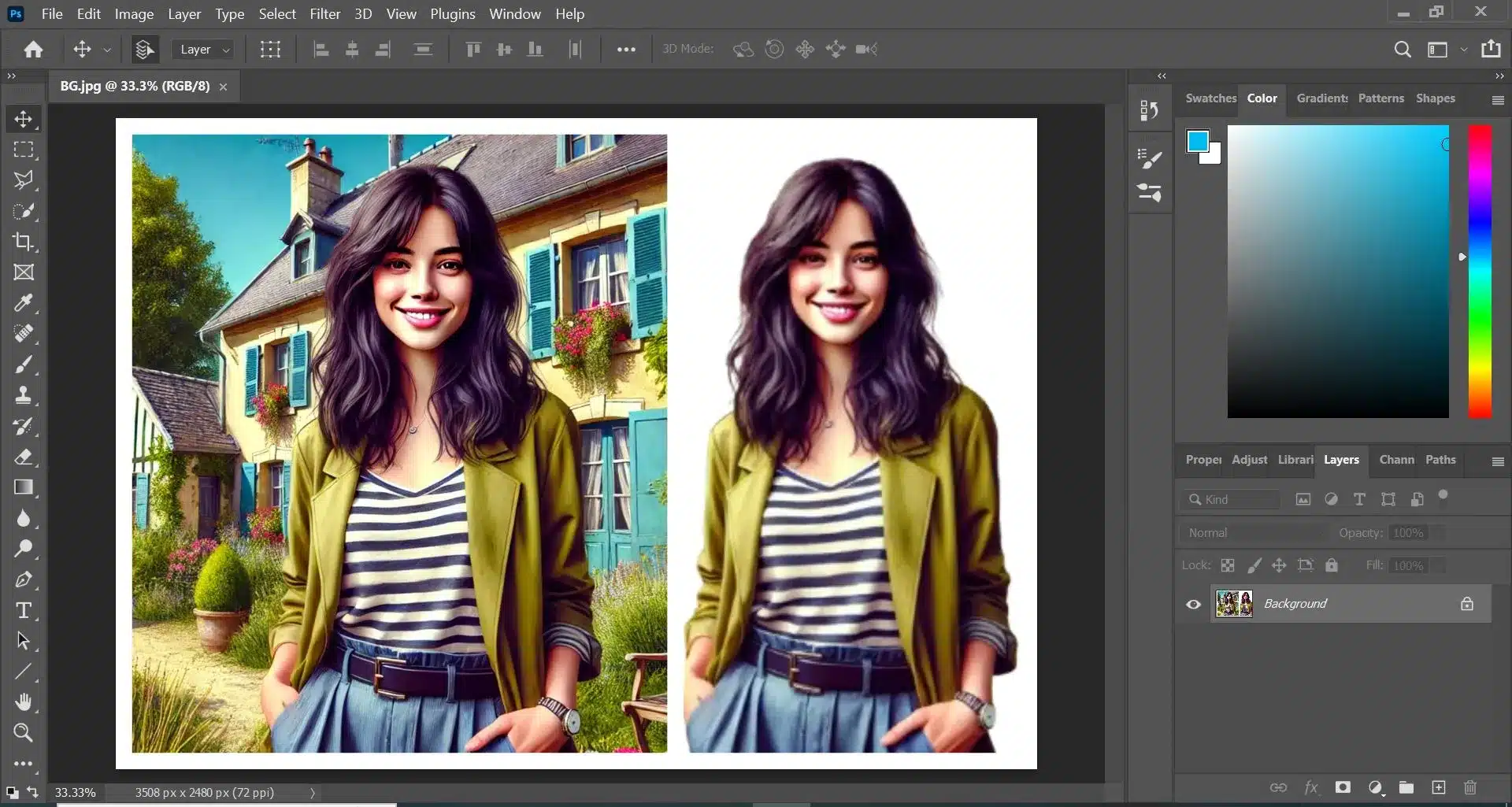 Photoshop screenshot showing an image of a woman with How to Remove Background in Photoshop intact on the left and removed on the right.