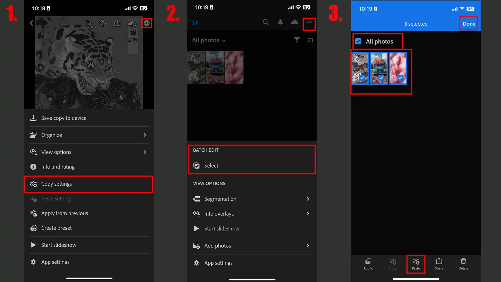 Lightroom Mobile interface showing steps to batch edit photos using custom presets.