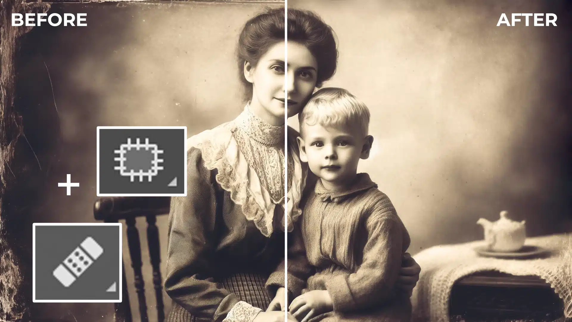 A vintage photograph showing a "before and after" comparison of wrinkle removal and retouching using the Patch Tool and Healing Brush Tool in Photoshop.