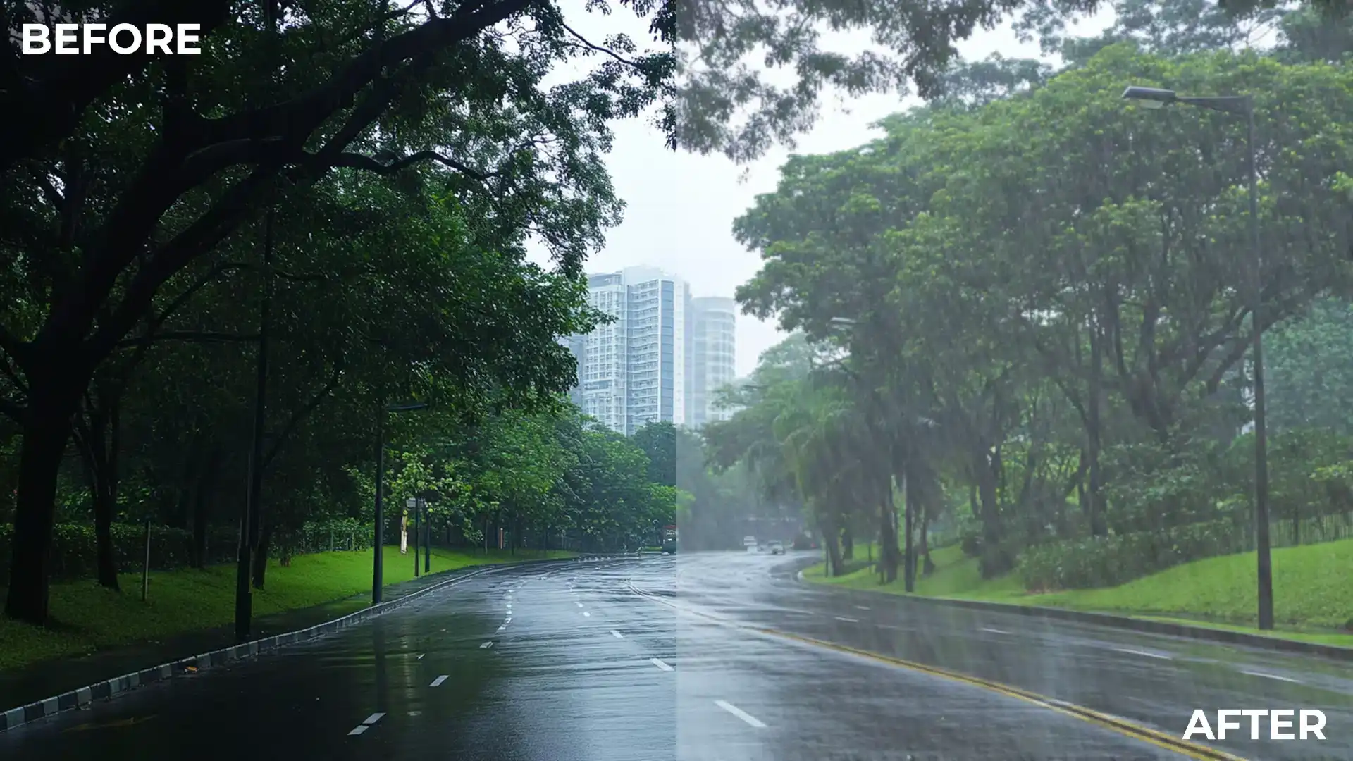 A side-by-side comparison showing a city street before and after adding a rain effect using Photoshop. The 'before' side is dry, while the 'after' side showcases a realistic rain-soaked environment.