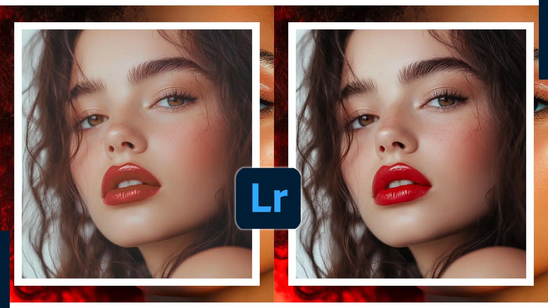 A side-by-side comparison showing a portrait before and after applying glossy photo effects using Lightroom, with a Lightroom logo in the center.