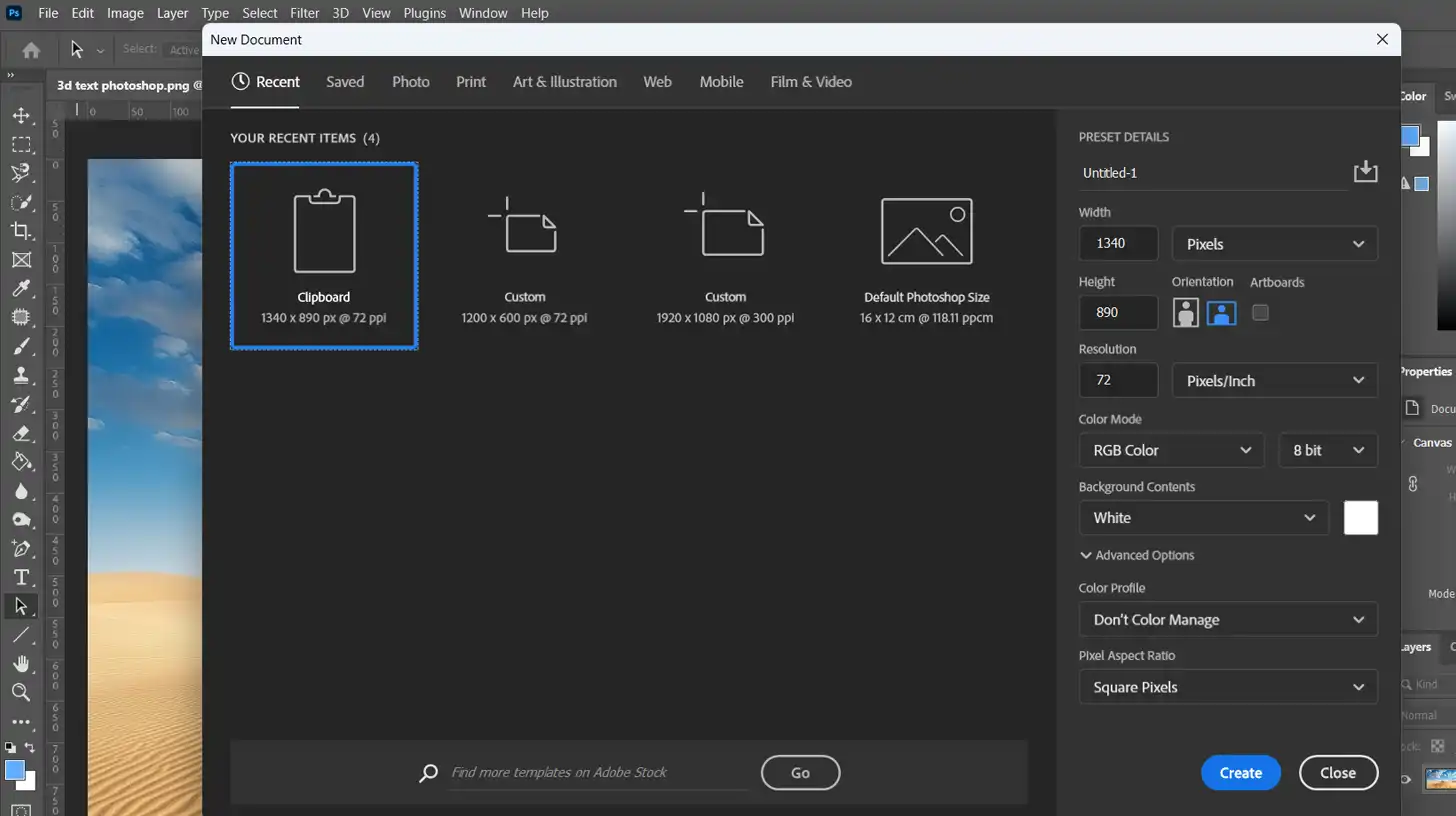 Open new document in Ps for creating three-dimensional word art