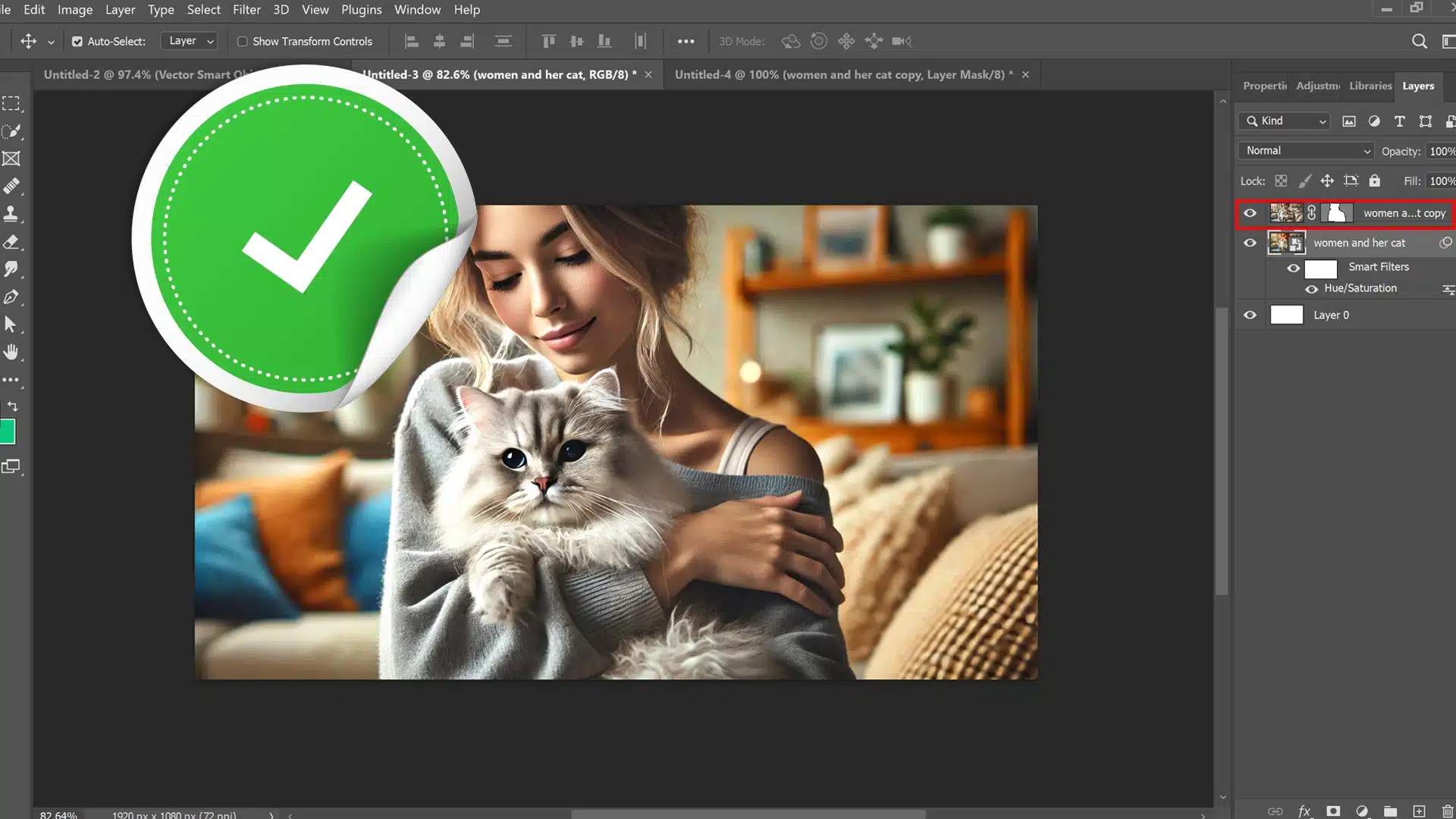 Ps interface showing a green check mark on an image with a correctly applied vector mask, demonstrating the benefits..