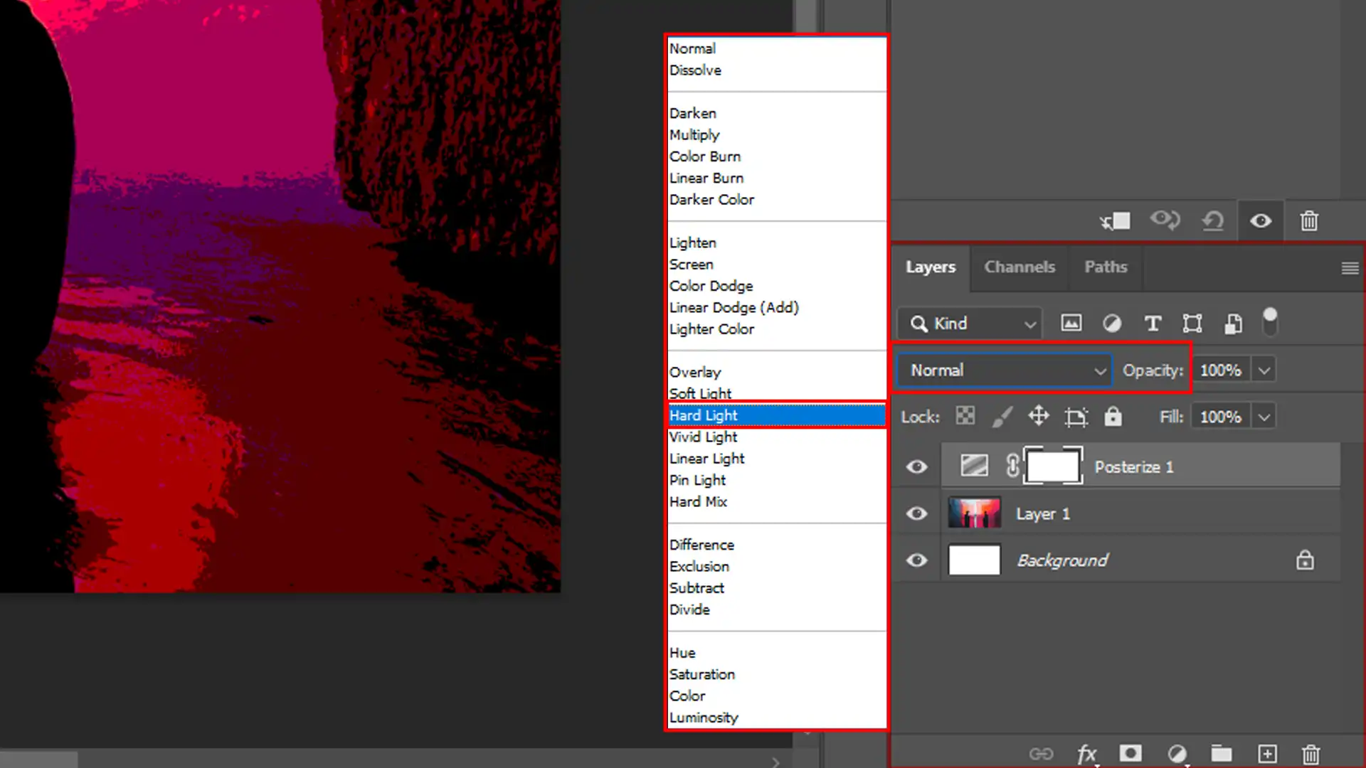 Screenshot of Photoshop interface showing blending mode options applied to an image with posterization effects, emphasizing the "Hard Light" option in the Layers panel.
