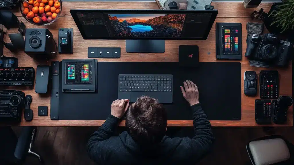 A professional photographer's workstation with a top-down view of various Lightroom accessories, including a high-resolution monitor, ergonomic keyboard, color calibration tools, and photography gear, showcasing an efficient setup for photo editing.