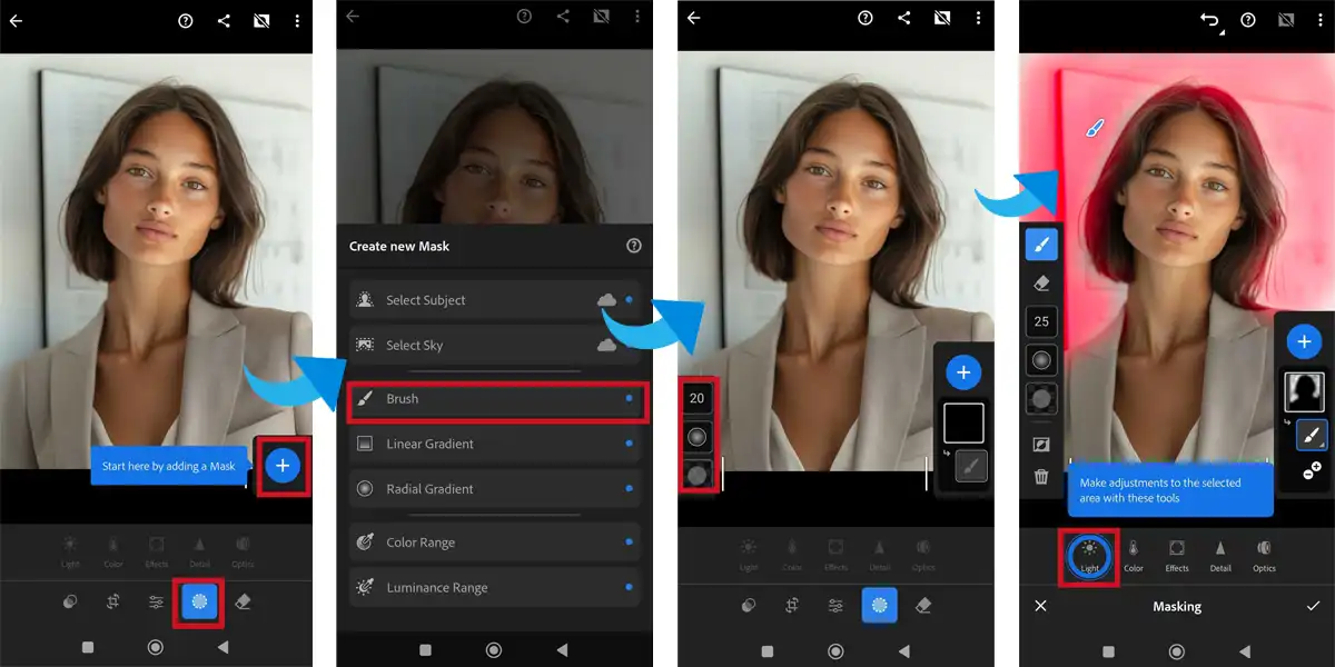 Lightroom Mobile Adjustment Brush Tool interface for selective editing