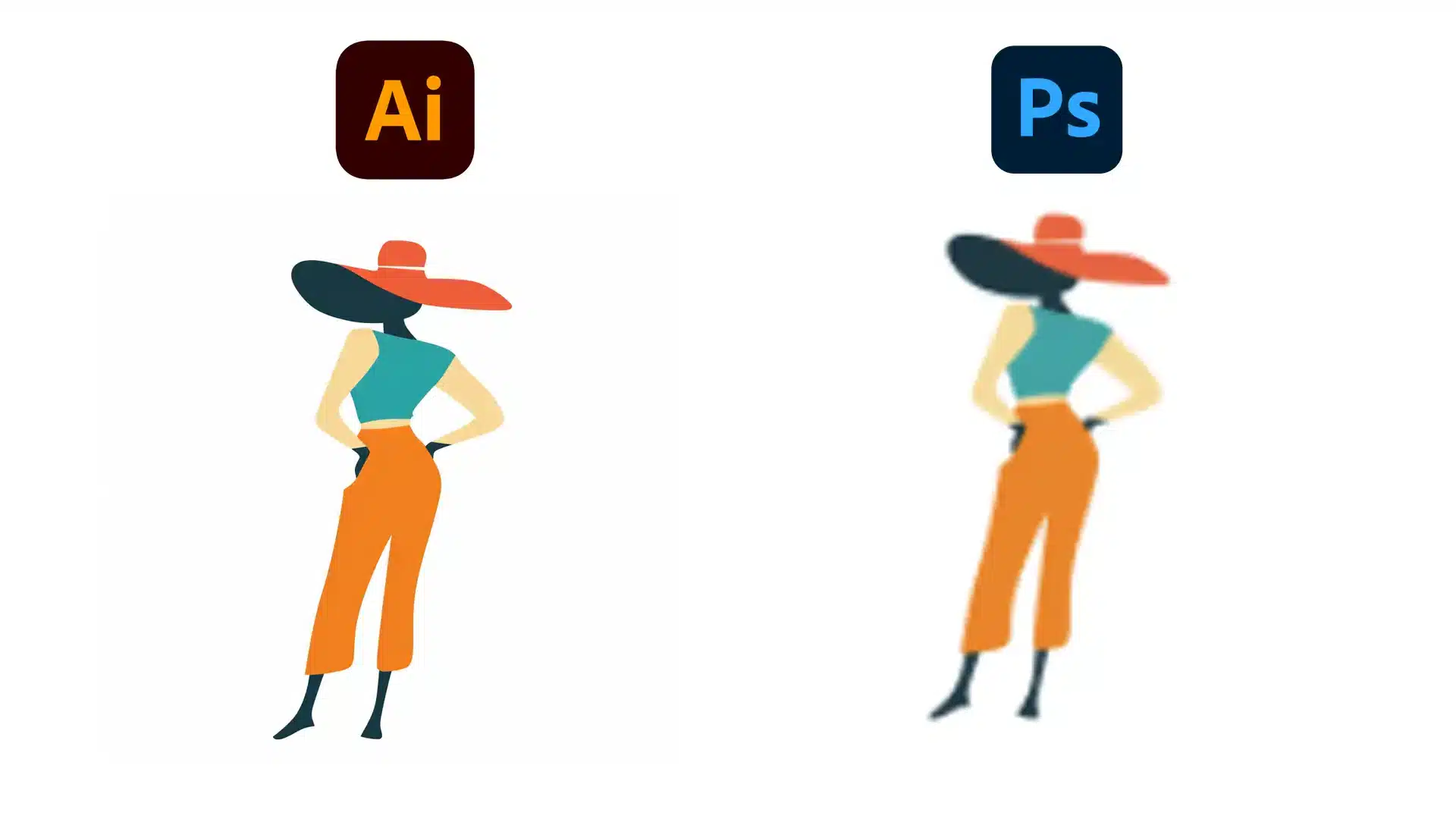 Illustration comparison between AI and PS showing a vector graphic on the left and a rasterized version on the right, highlighting the difference in drawing styles between the two programs.