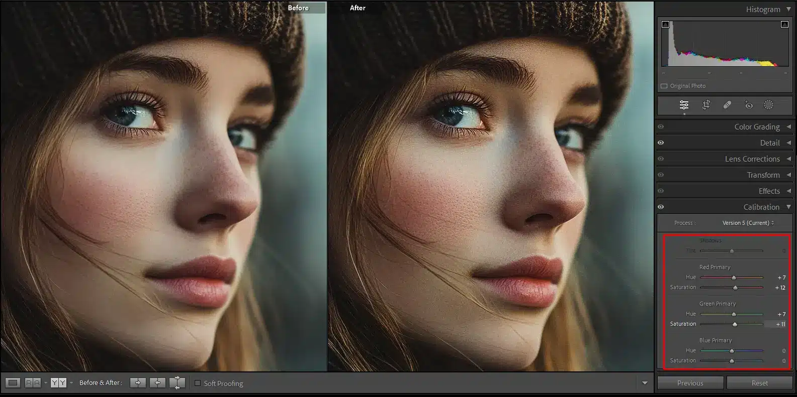 A close-up portrait of a woman with a color calibration tool in Adobe Lightroom being used. The before-and-after comparison shows adjustments to the red, green, and blue primary colors to achieve a balanced and natural skin tone.