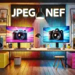 Two computer screens, one showing the JPEG logo and the other displaying the NEF logo, in a colorful modern office environment. Explaining the NEF file editing and JPEG image quality.