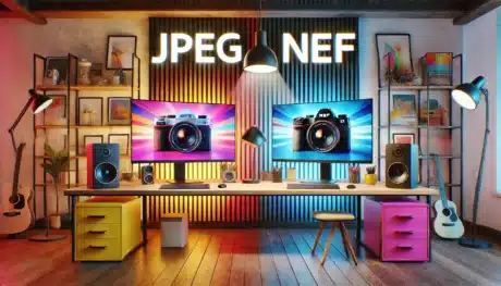 Two computer screens, one showing the JPEG logo and the other displaying the NEF logo, in a colorful modern office environment. Explaining the NEF file editing and JPEG image quality.