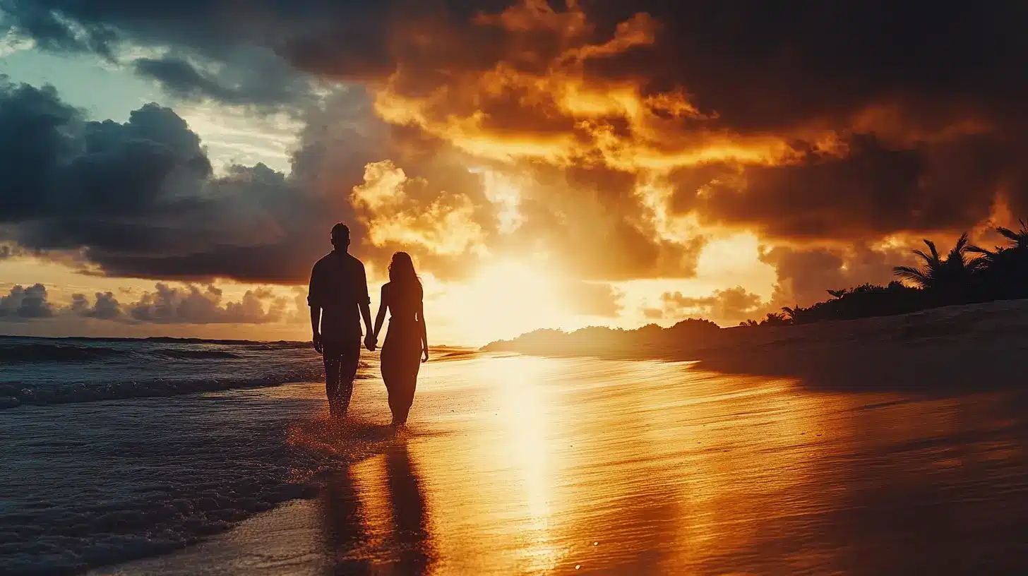 A couple walking on the beach at sunset, reflecting a peaceful moment edited with Lightroom Photo Editing Software to enhance the vibrant colors of the sky and ocean.