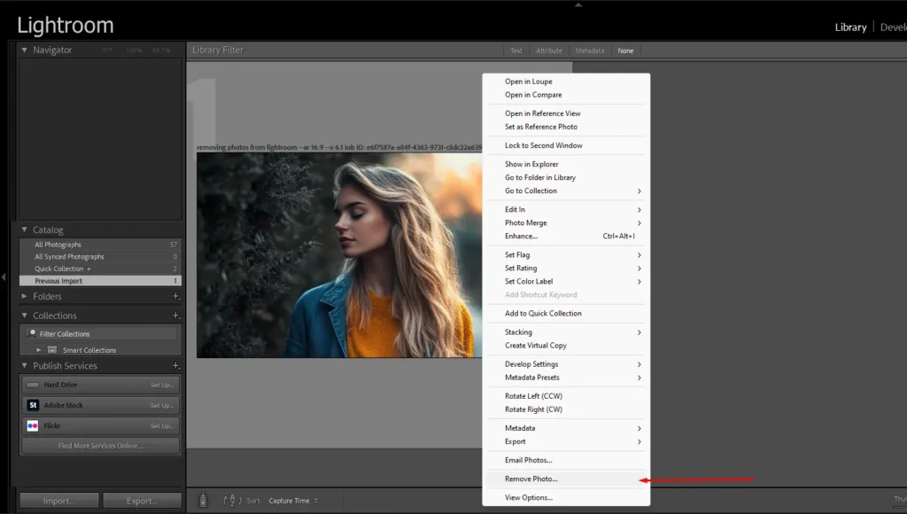 A screenshot of Adobe Lightroom Classic's Library Module showing the process of removing a selected photo with the right-click context menu open and the "Remove Photo" option highlighted.