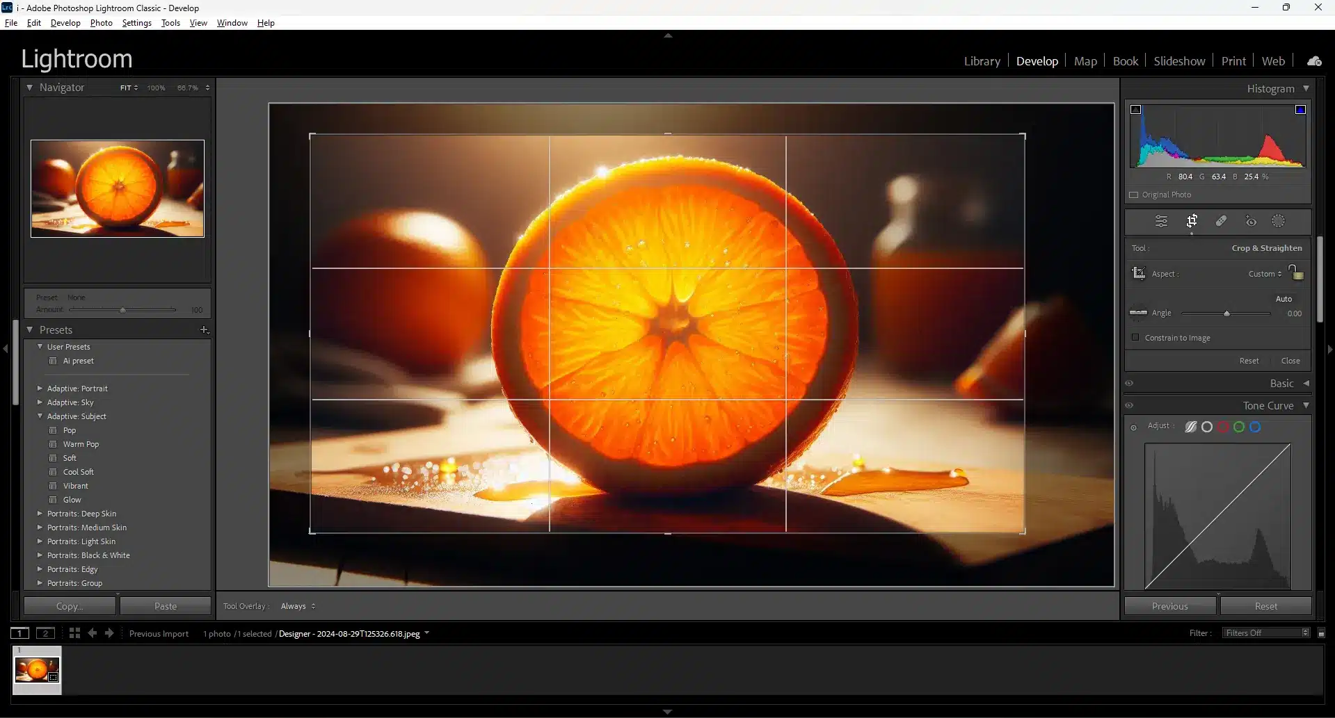 Lightroom Classic Develop Module showing a photo of an orange slice with the Crop & Straighten tool active, symbolizing final adjustments in the editing process.