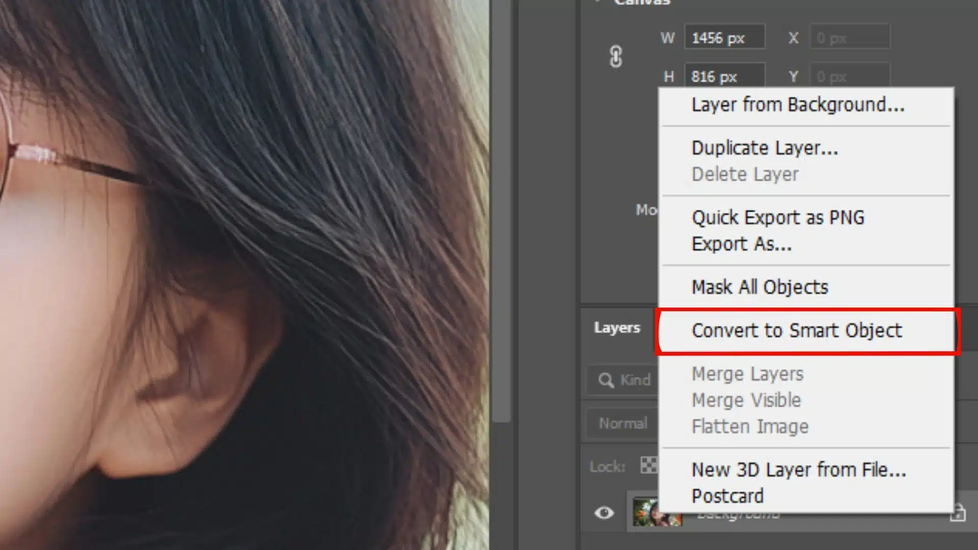 Photoshop interface showing the option to 'Convert to Smart Object' highlighted in the right-click menu on a photo layer.