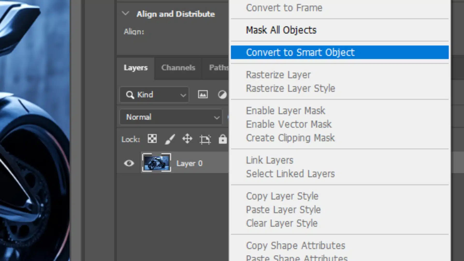 Photoshop Layers panel with a context menu showing the "Convert to Smart Object" option for the selected layer.