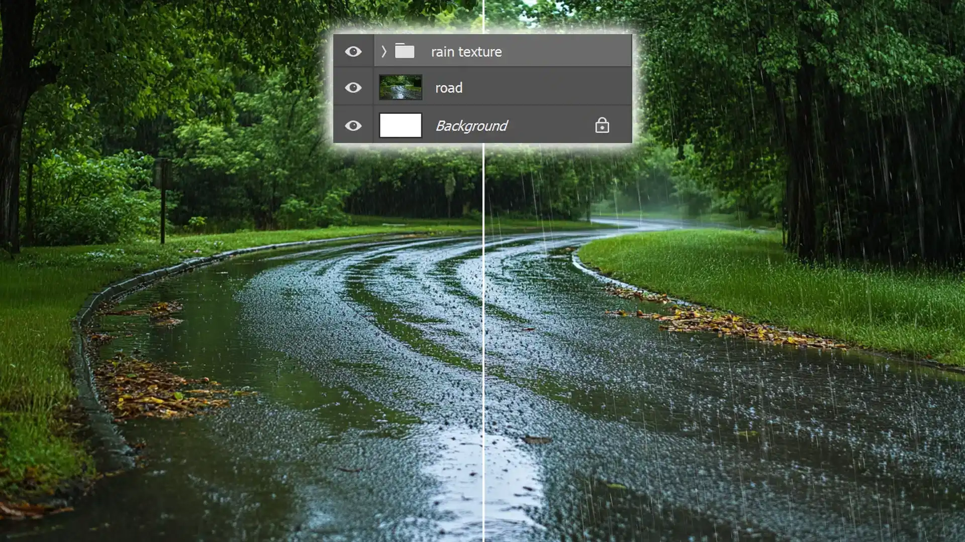 Split image of a wet road in a forest, with rain effect layers shown in Photoshop's layers panel to demonstrate realistic rain editing techniques.