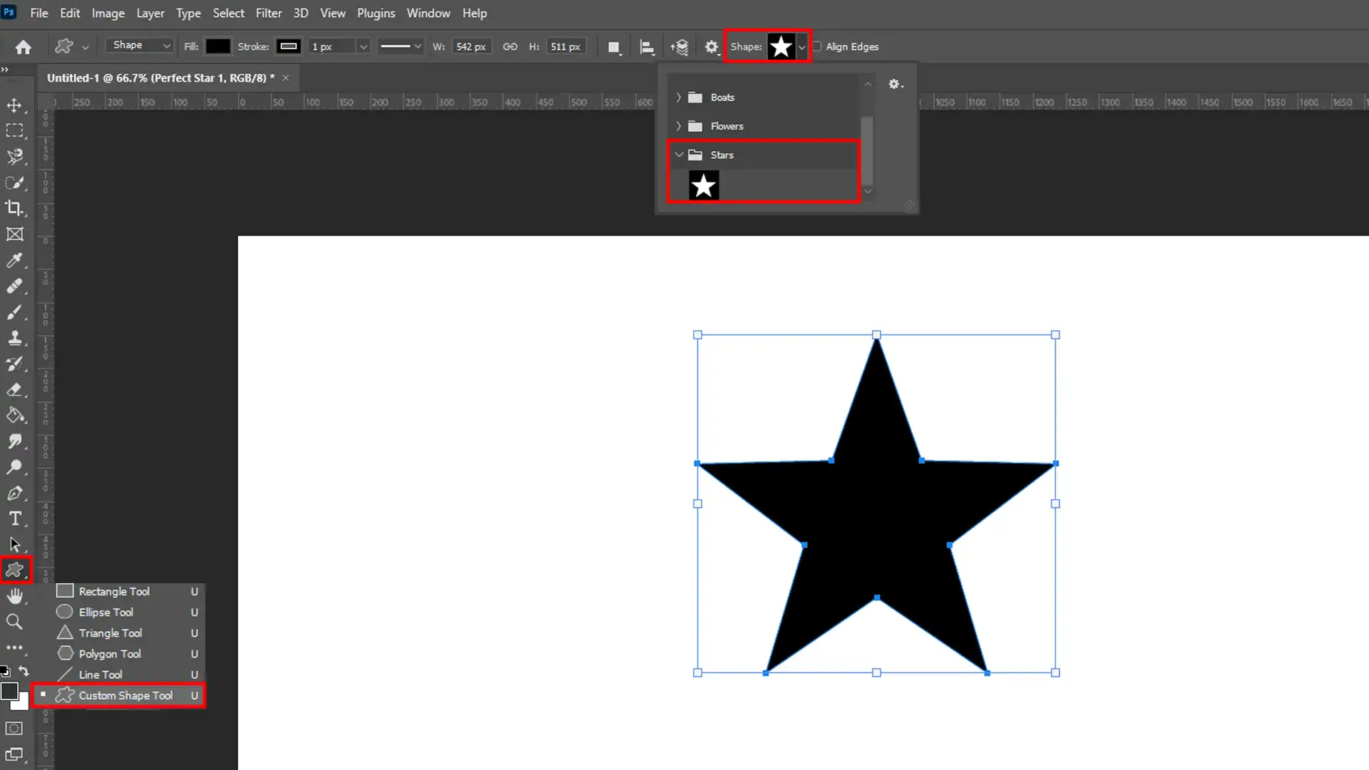 Custom Shape Tool in Photoshop showing how to make stars