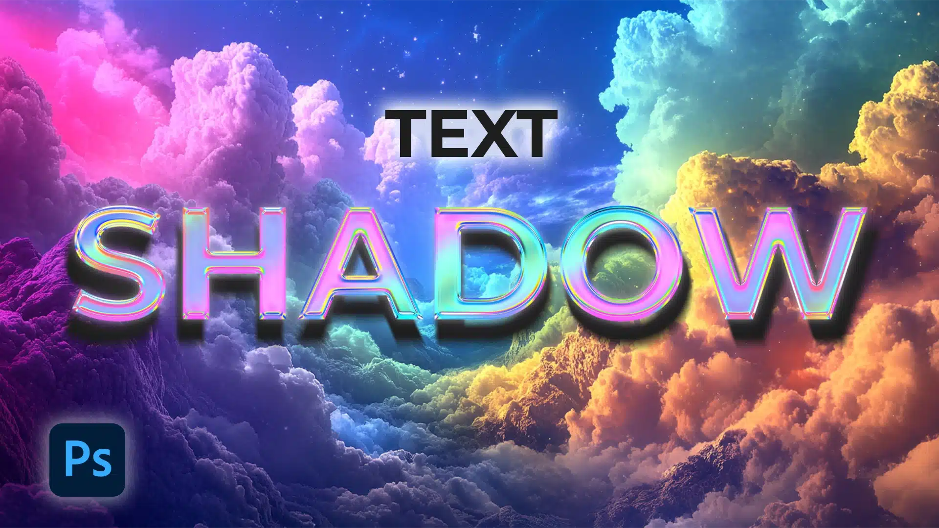 Text shadow Photoshop effect on colorful clouds background