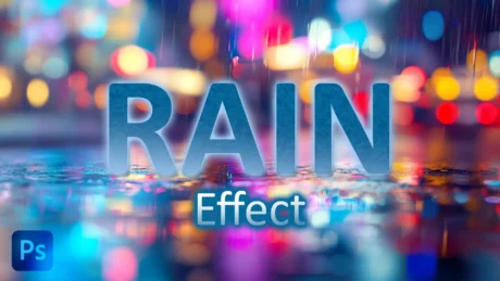 Text 'RAIN Effect' with a realistic rain effect applied over a blurred cityscape background, demonstrating the use of Photoshop to add rain effects to photos.