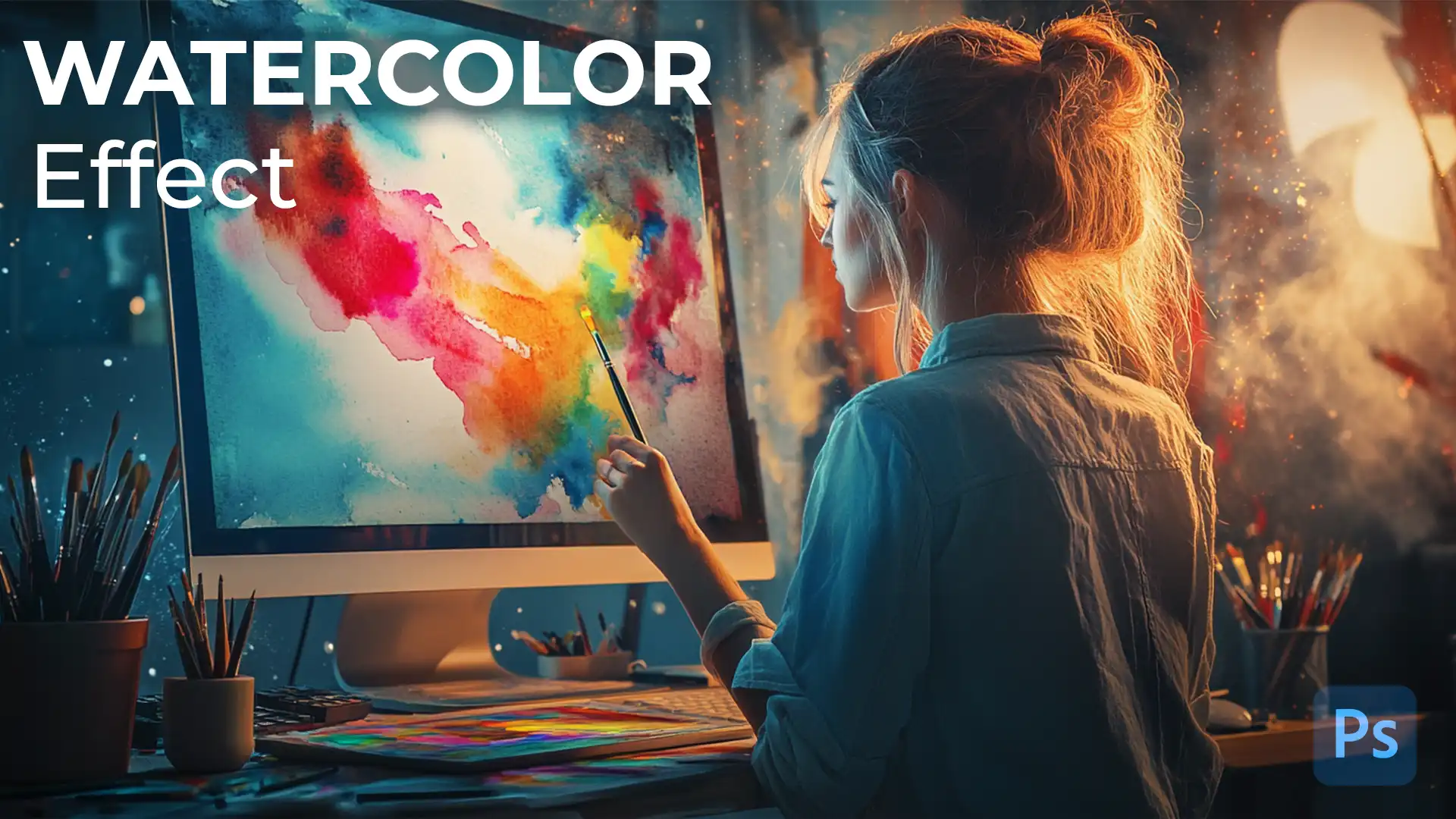 Artist using Photoshop to create a watercolor effect on a digital painting.