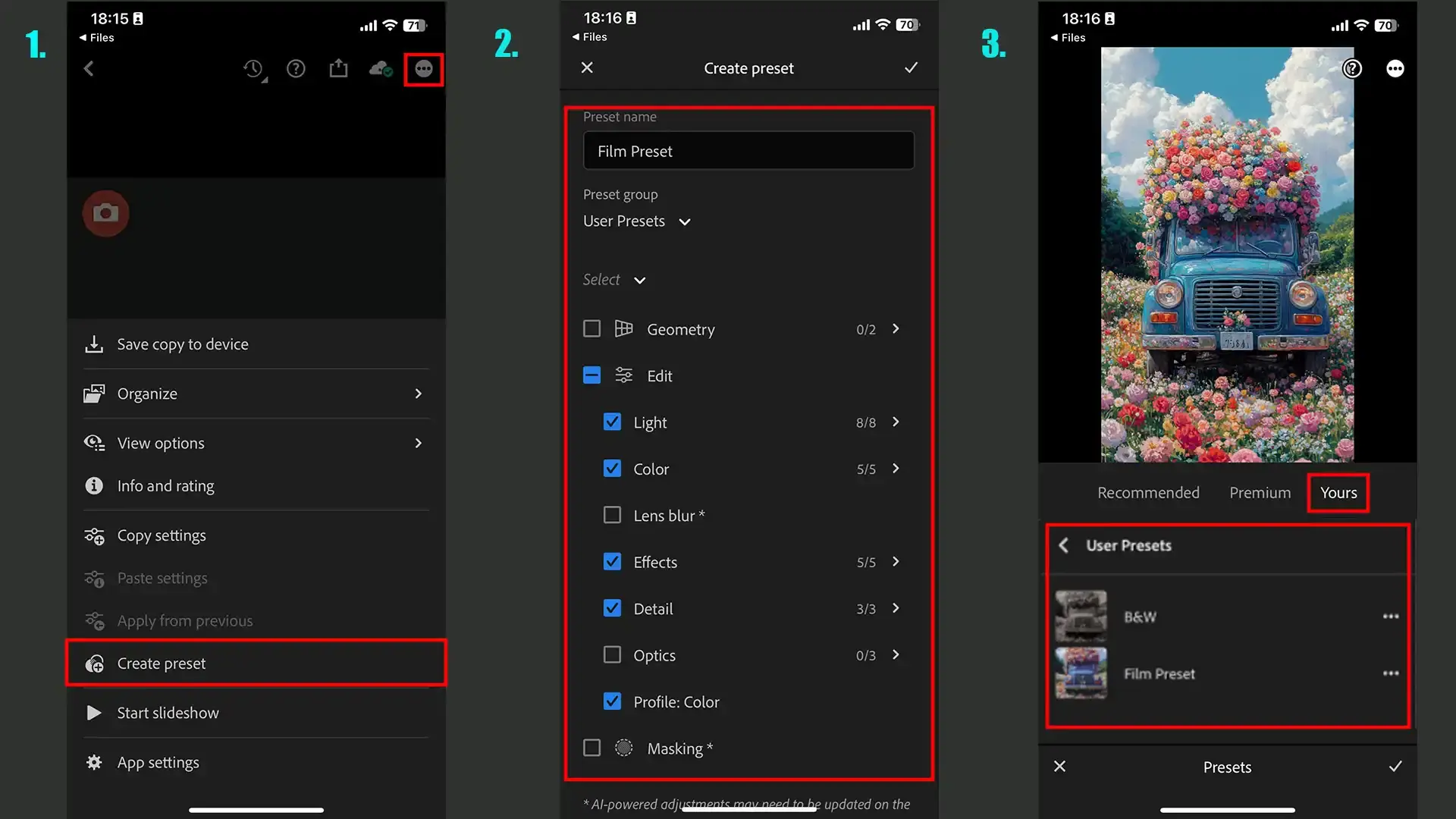 Creating the preset in Lightroom Mobile