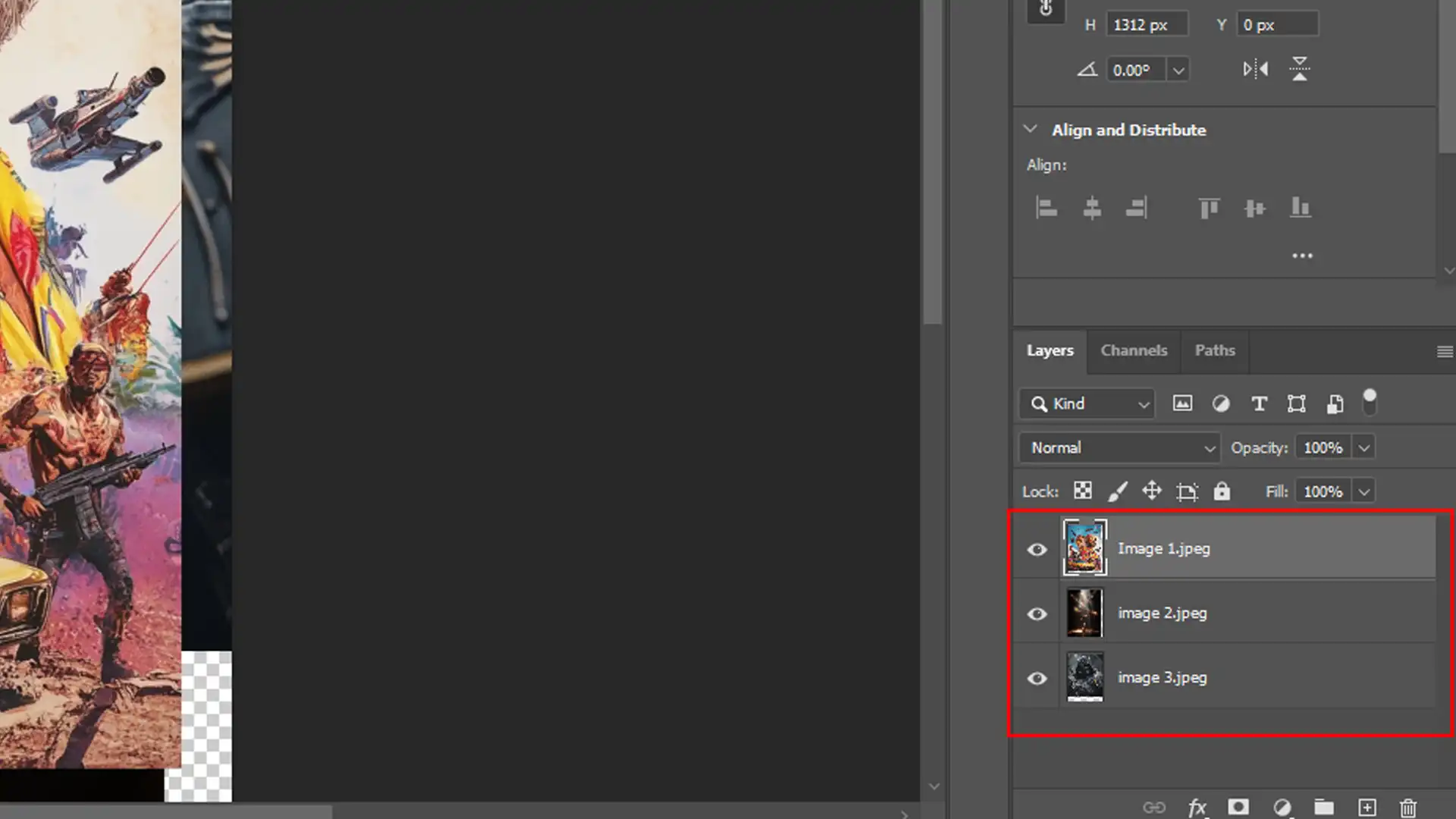 Ps interface showing multiple images loaded as layers for editing.