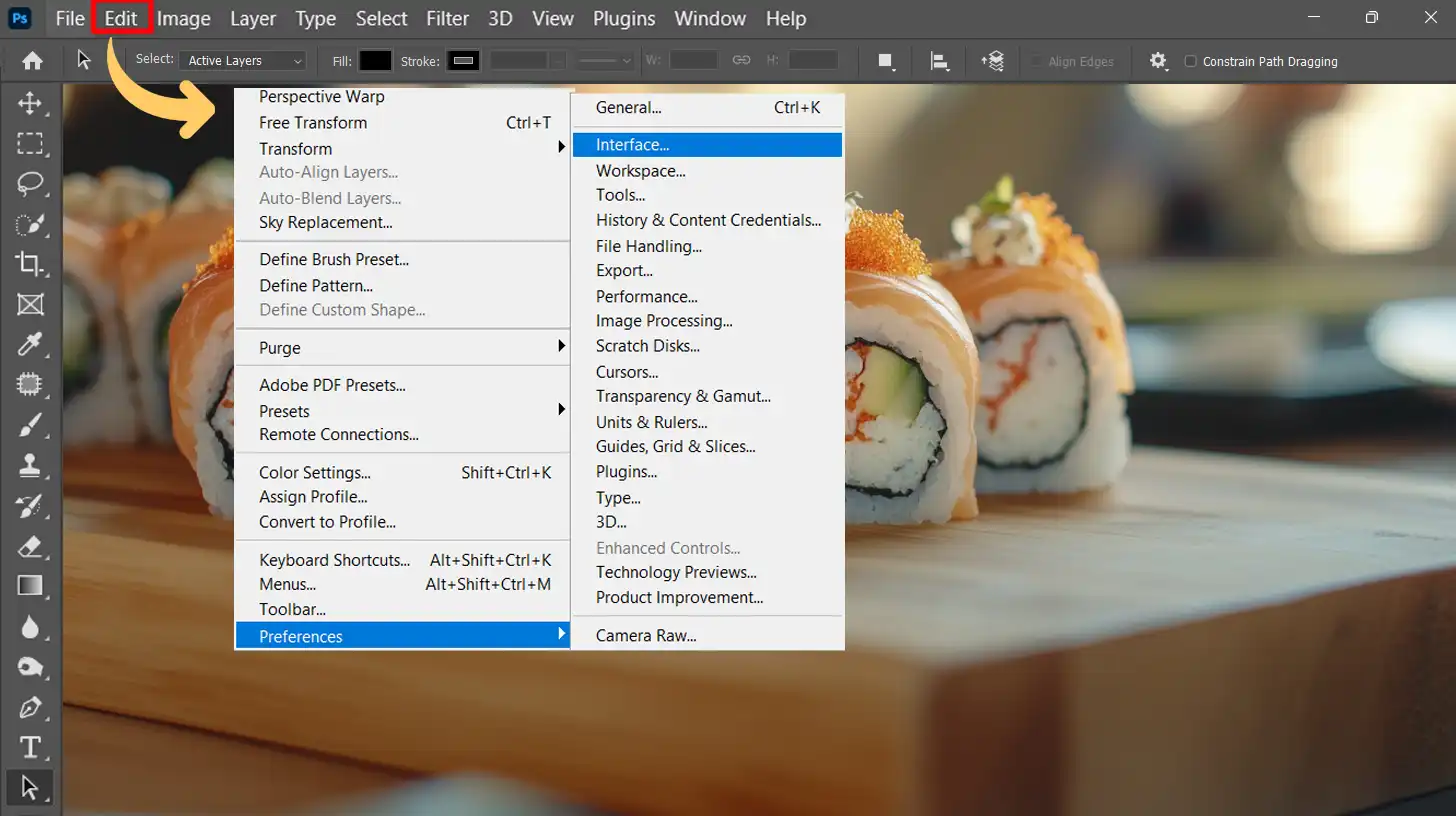 Changing interface adjustments in Ps