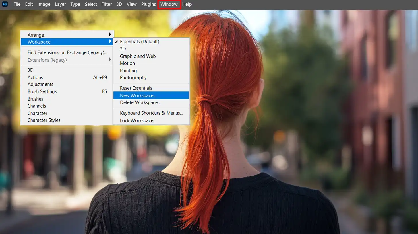 Ps workspace settings with options for creating a new custom layout