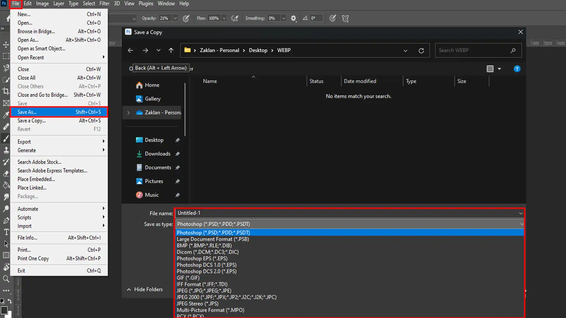Ps Save As dialog box showing various file format options for saving an image.