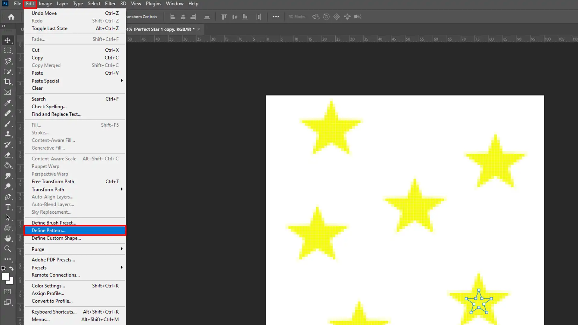 Define Pattern option in Photoshop for repeating star patterns