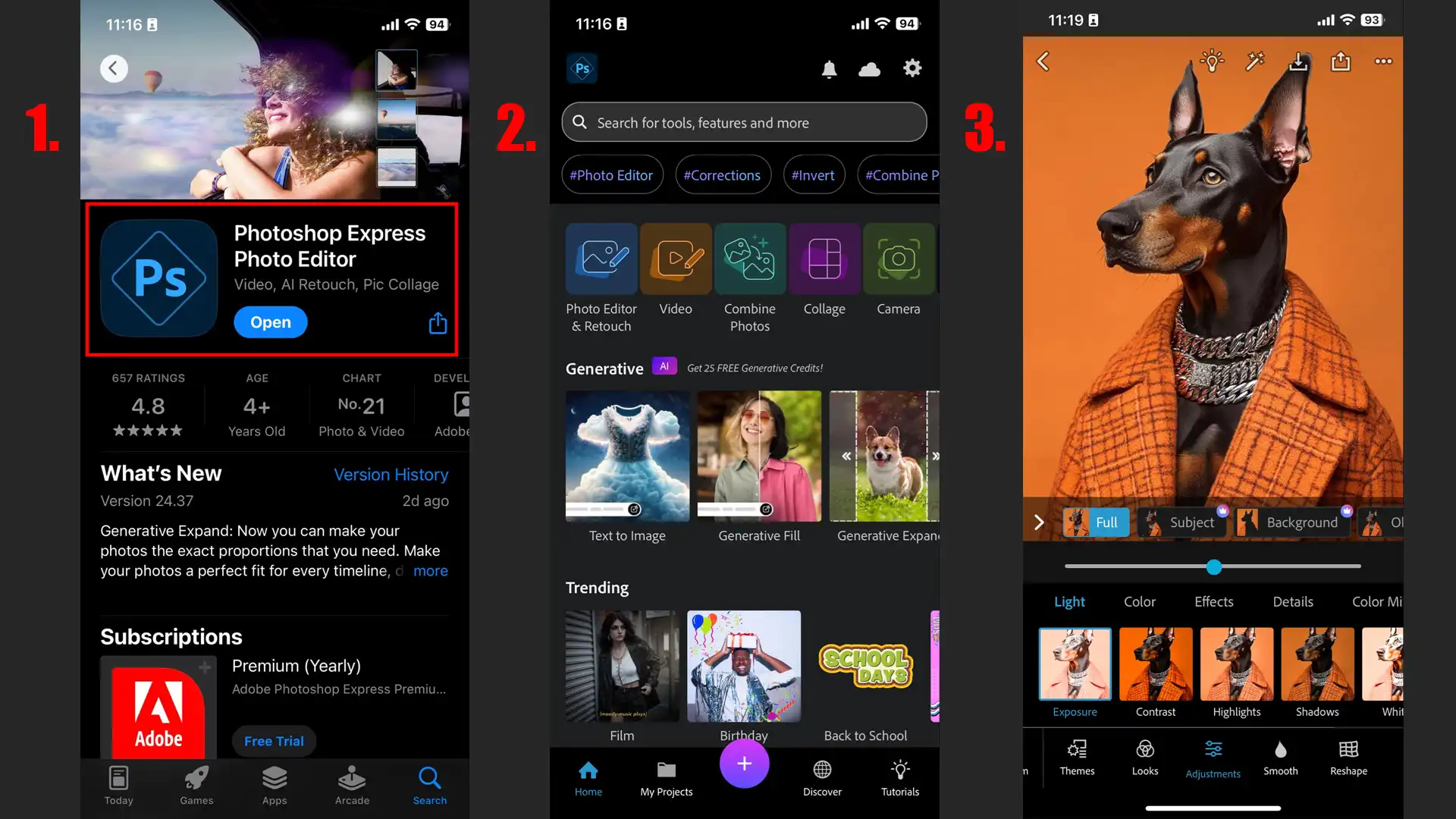 Showing how to download and open Photoshop Express on an iPhone.