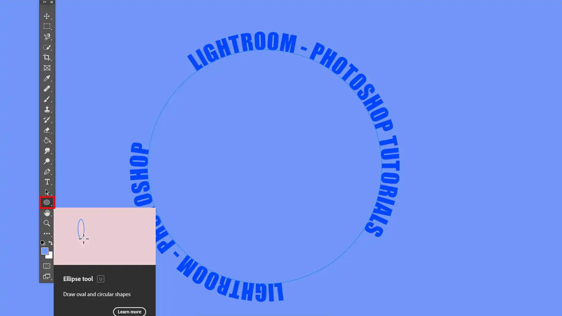 Photoshop interface showing the Ellipse Tool being used to draw a circular path for text placement.