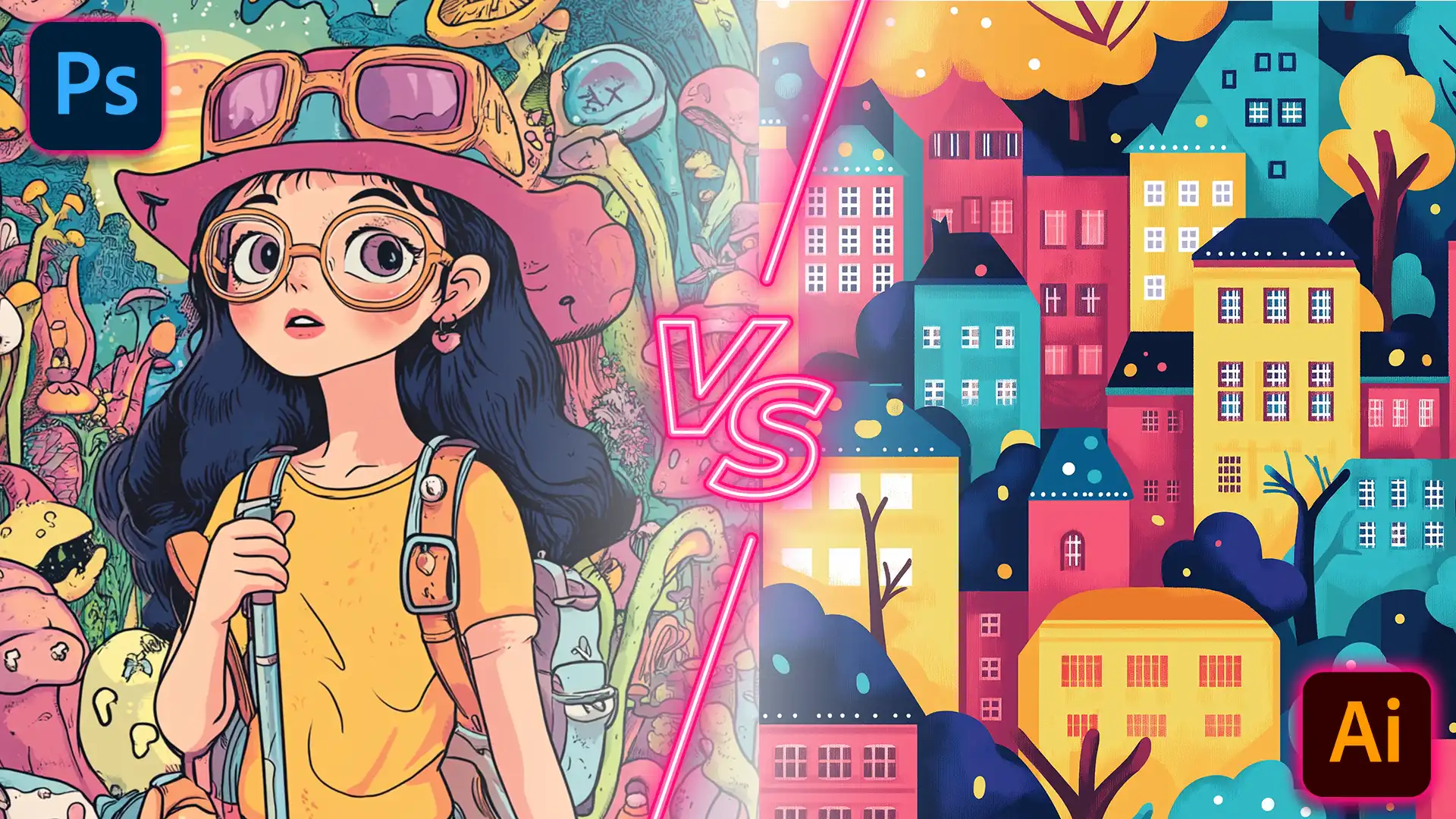 Side-by-side comparison of digital art created in Photoshop and Illustrator, showcasing the differences between raster-based and vector-based drawing styles in Adobe software.