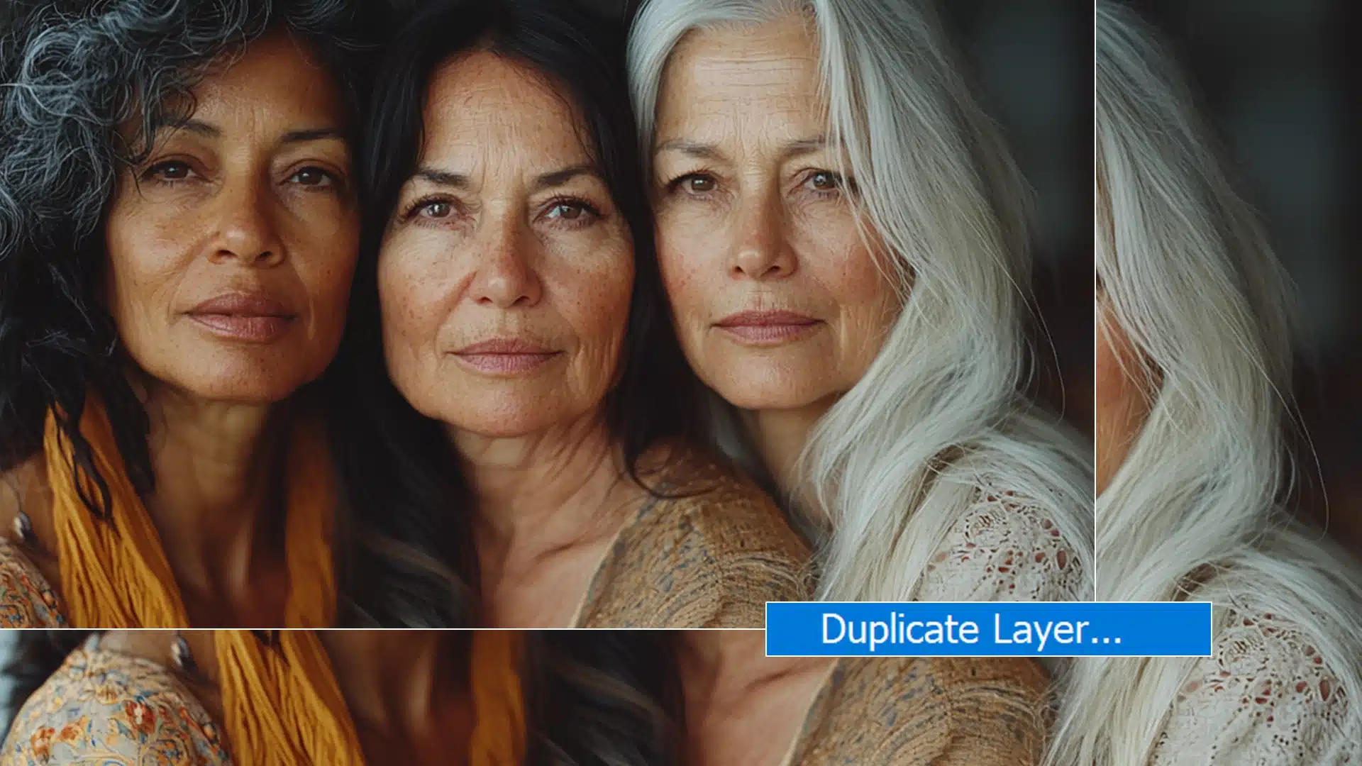 Three older women in a portrait with a highlighted "Duplicate Layer" option in Photoshop to demonstrate non-destructive editing techniques.
