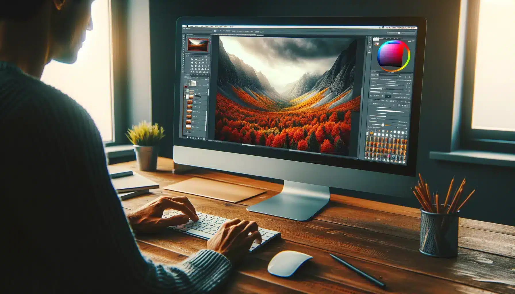 A person sitting at a desk, retouching a landscape photograph with color noise in Adobe Photoshop. The computer screen displays a noisy landscape image with Photoshop's adjustment tools visible.