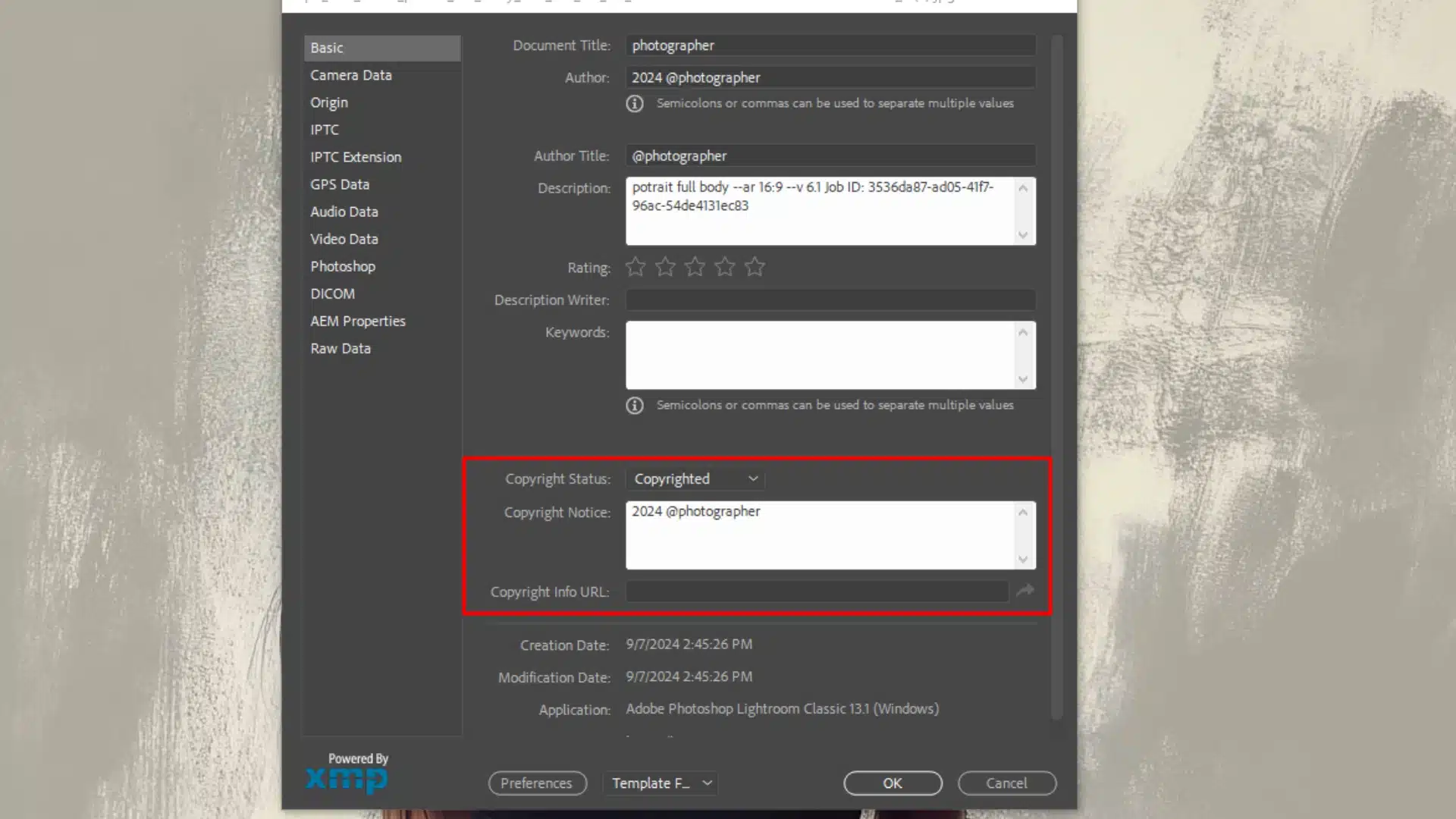 Lightroom Classic metadata panel showing fields for document title, author, and copyright status filled out with relevant copyright information.