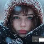 A close-up portrait of a woman in snowy conditions with the Lightroom logo and copyright status displayed, showcasing the use of embedded copyright metadata.