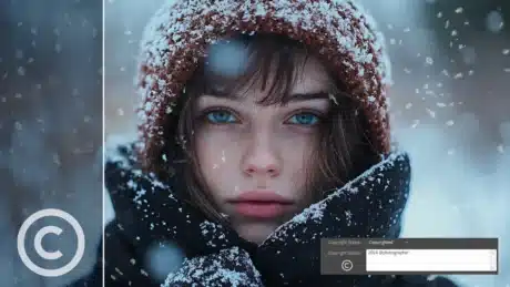 A close-up portrait of a woman in snowy conditions with the Lightroom logo and copyright status displayed, showcasing the use of embedded copyright metadata.