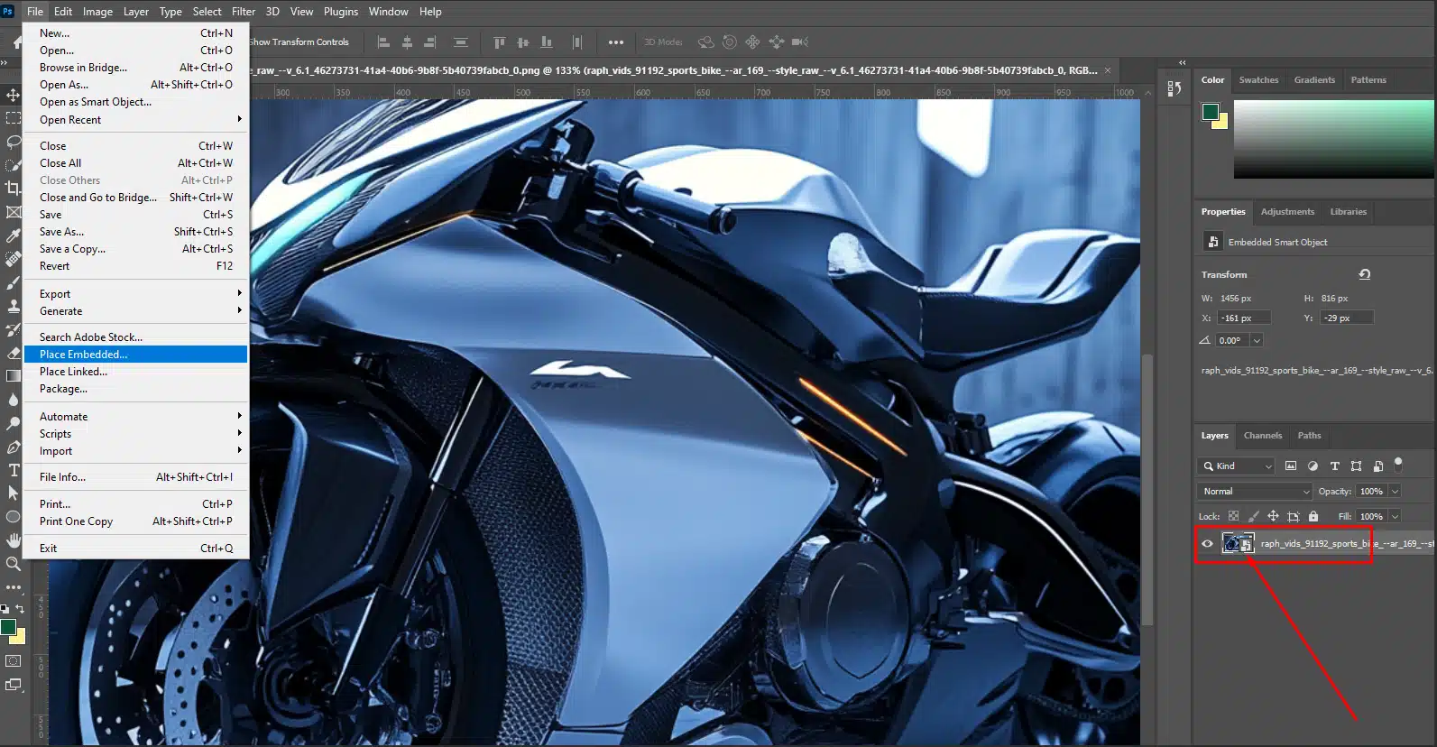 Photoshop interface with a motorcycle image, highlighting the "Place Embedded" option in the File menu and the smart object layer in the Layers panel.