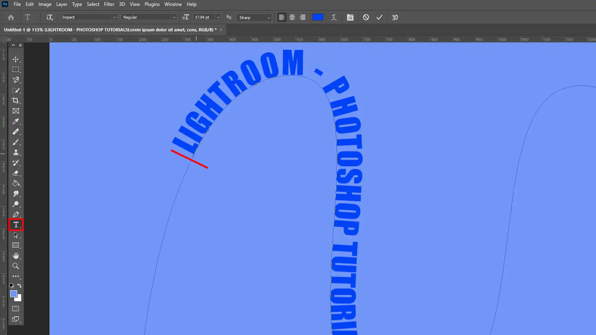 Text aligned along a curved path in Photoshop, with adjustments being made using the Type Tool.
