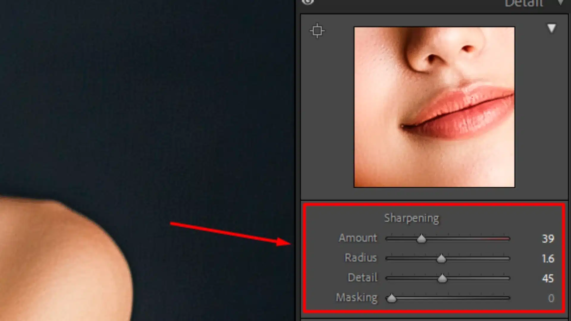 Screenshot showing the sharpening settings in Adobe Lightroom’s Detail panel, used to enhance image sharpness and contrast.