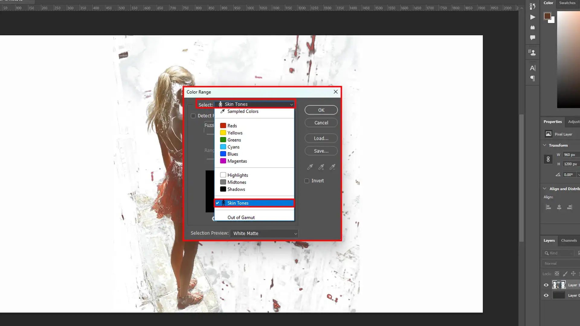 Photoshop interface with the color range command set to enhance skin tones.