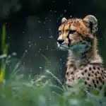 A young cheetah sitting in tall grass, gazing attentively with its fur and spots highlighted against a blurred, natural background.