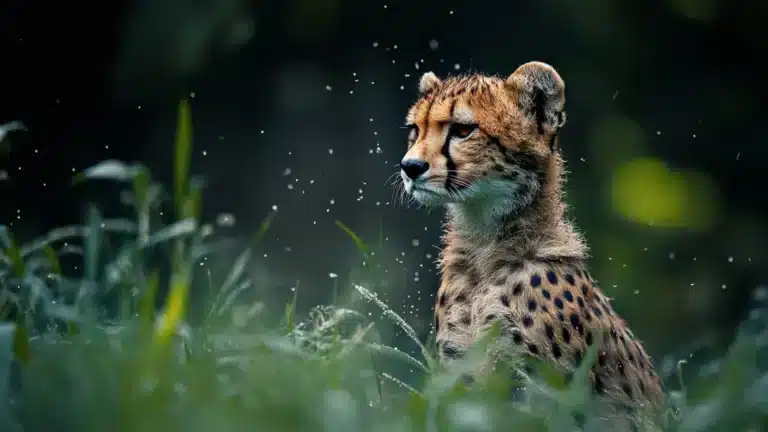 A young cheetah sitting in tall grass, gazing attentively with its fur and spots highlighted against a blurred, natural background.