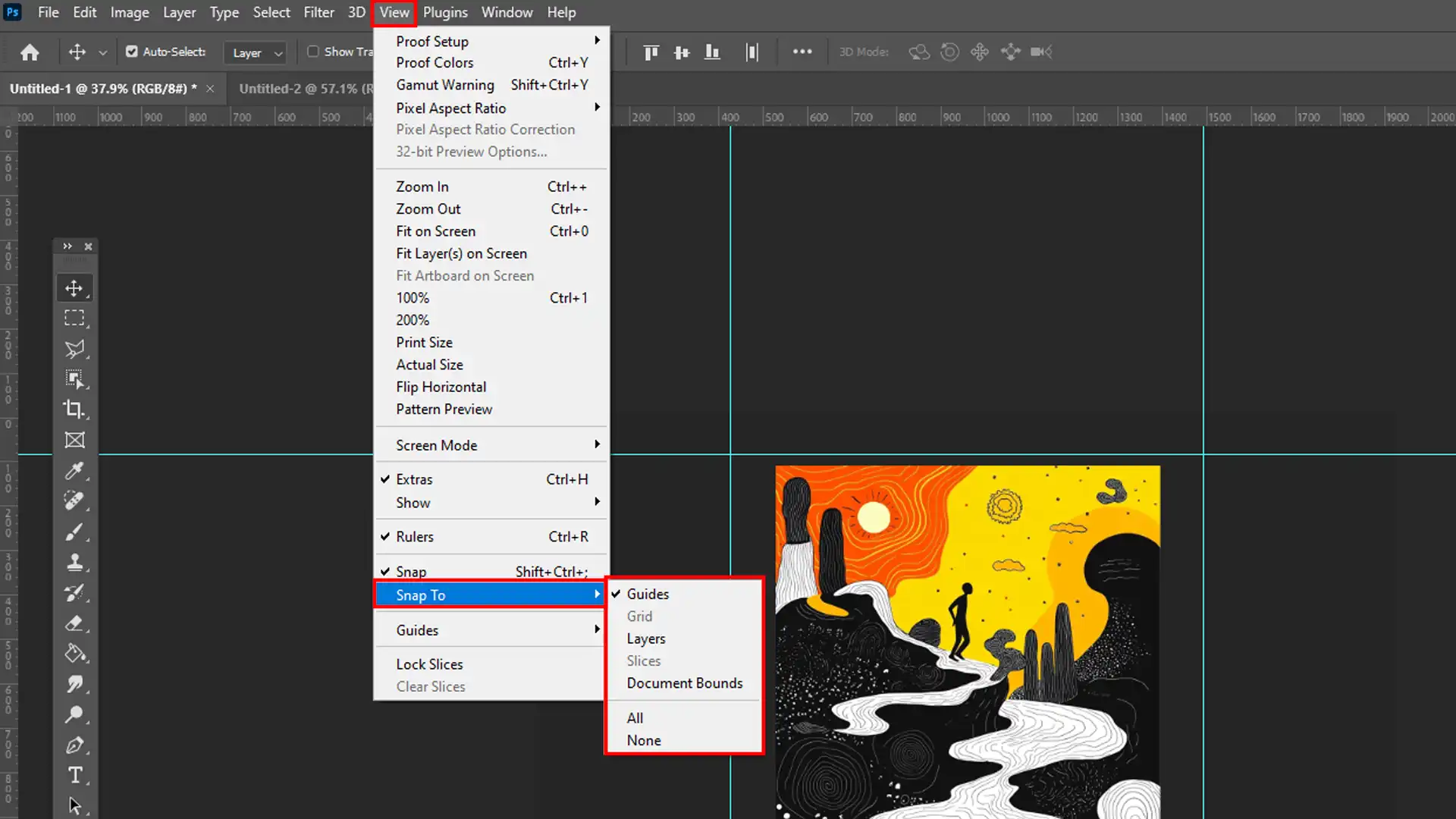 Photoshop showing the options for ensuring proper image alignment.