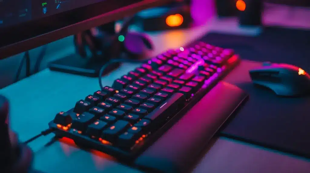 An illuminated ergonomic keyboard and mouse set up in a dimly lit workspace, highlighting the importance of comfort and efficiency in prolonged photo editing sessions.